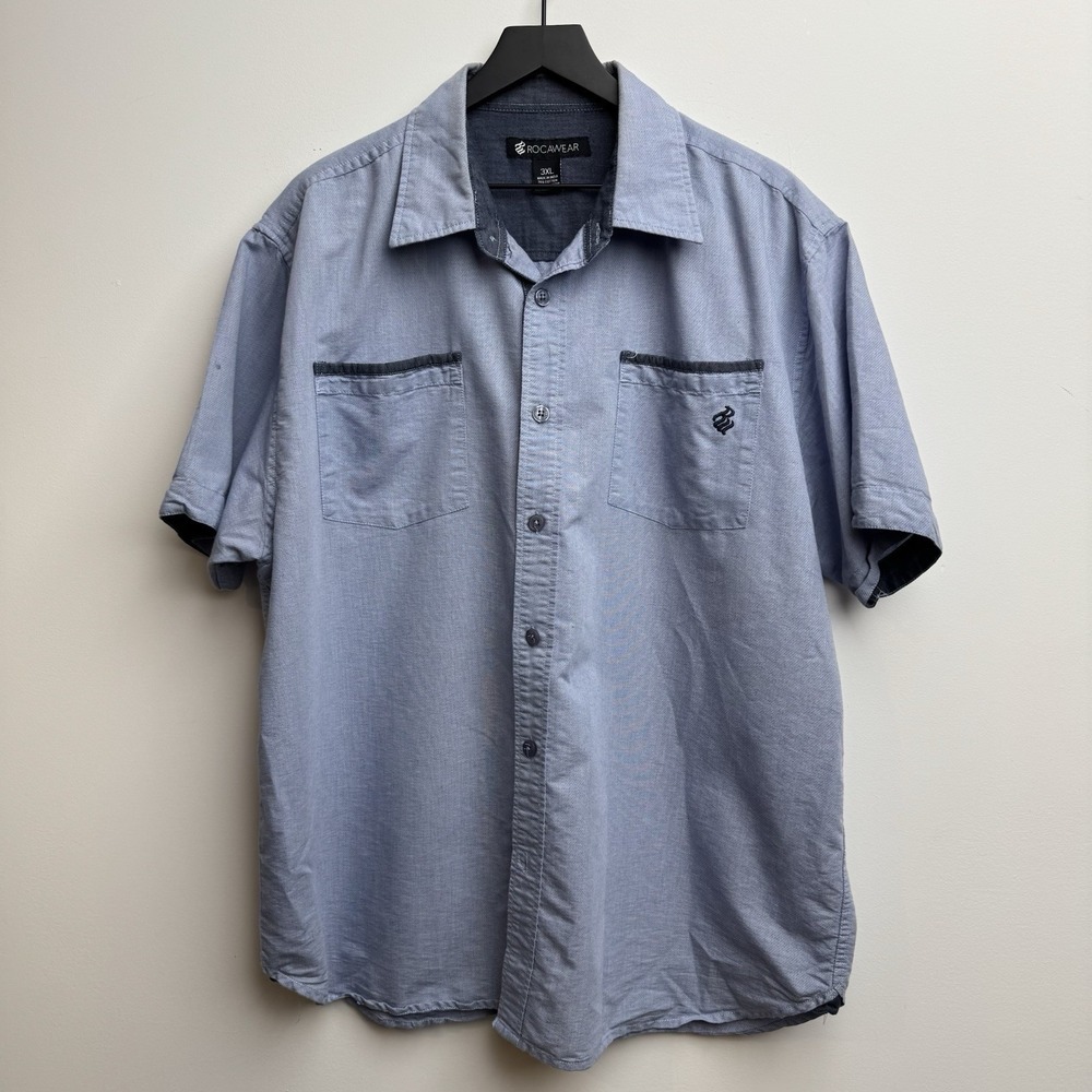 VTG Rocawear Short Sleeve Button-Up Shirt 3XL Y2K Hiphop Blue‎ Gray Polo Men's